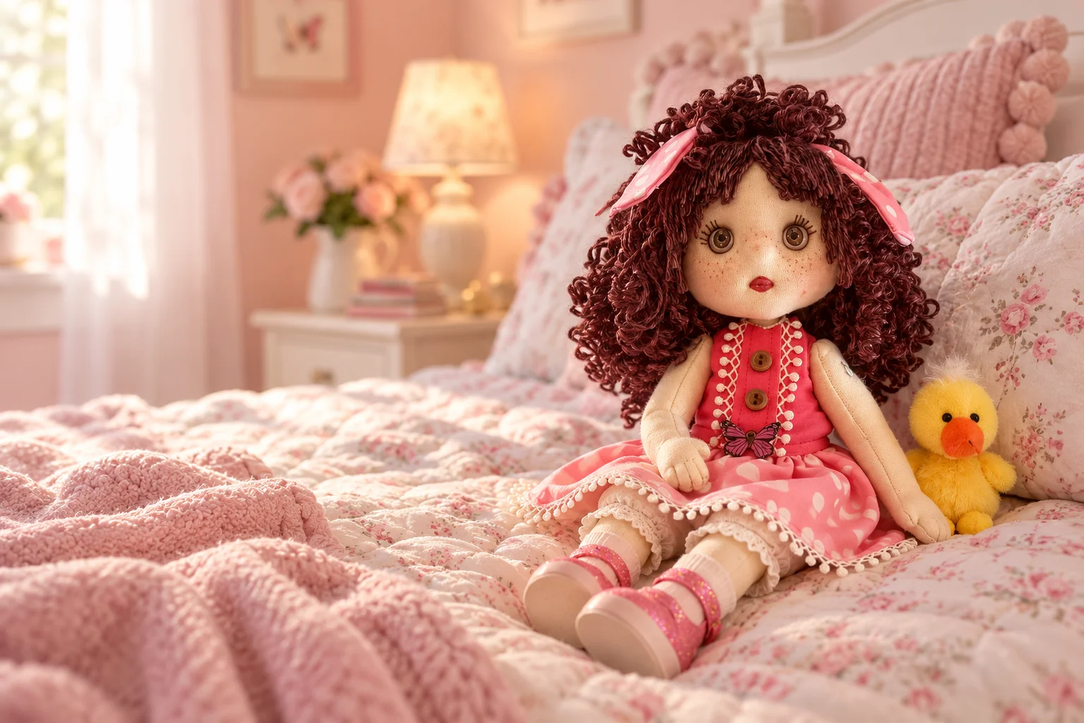 Gina’s handmade pink-dress doll seated on a soft floral quilt, with her yellow duck beside her
